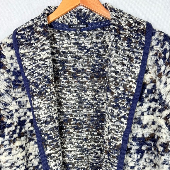 Robert Kitchen Boucle Wool Angora Blend cardigan jacket sweater Navy blue cream - Picture 2 of 8